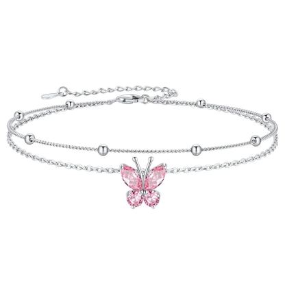 Bracelet de Cheville Papillon avec Pierre de Naissance en Argent 925