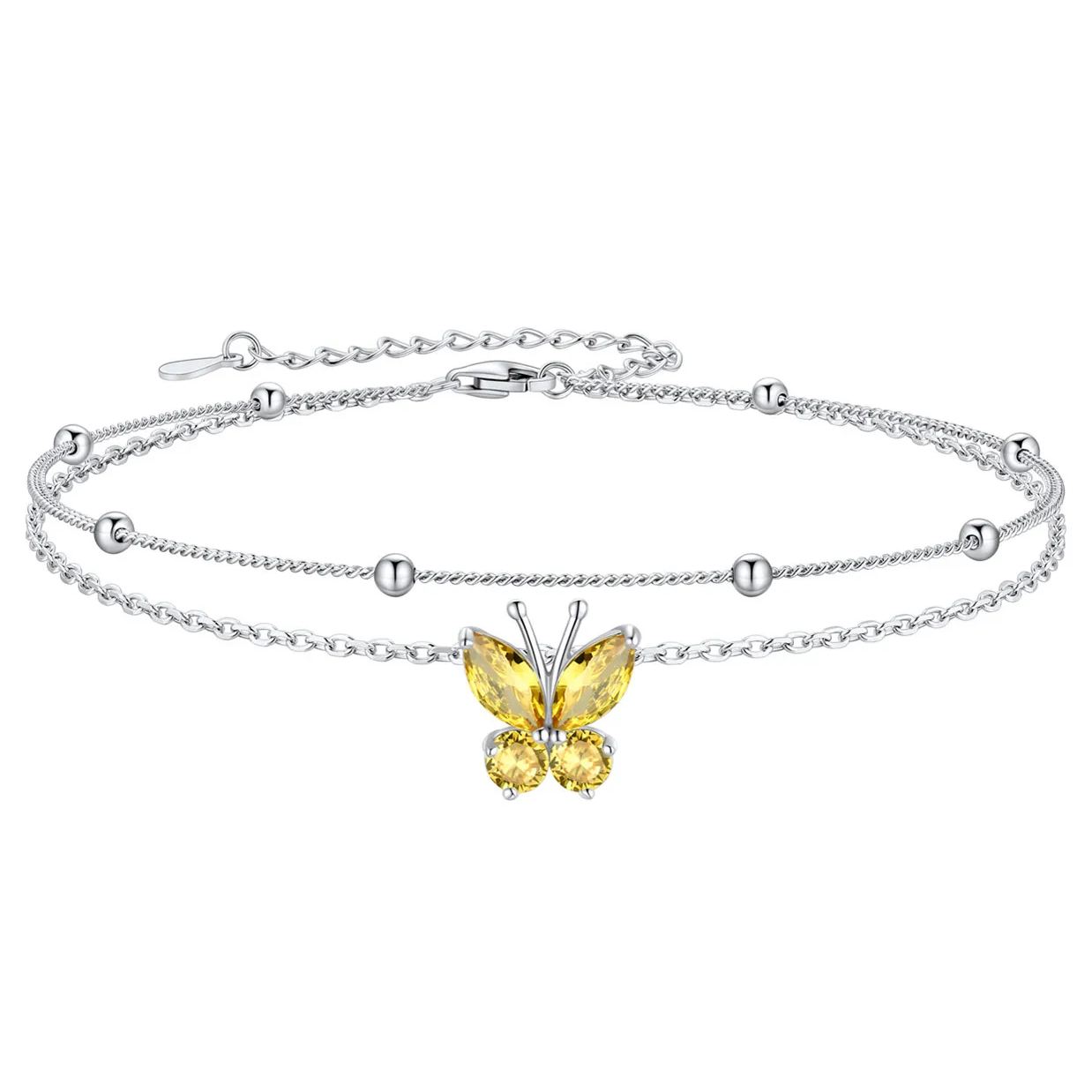 Bracelet de Cheville Papillon avec Pierre de Naissance en Argent 925