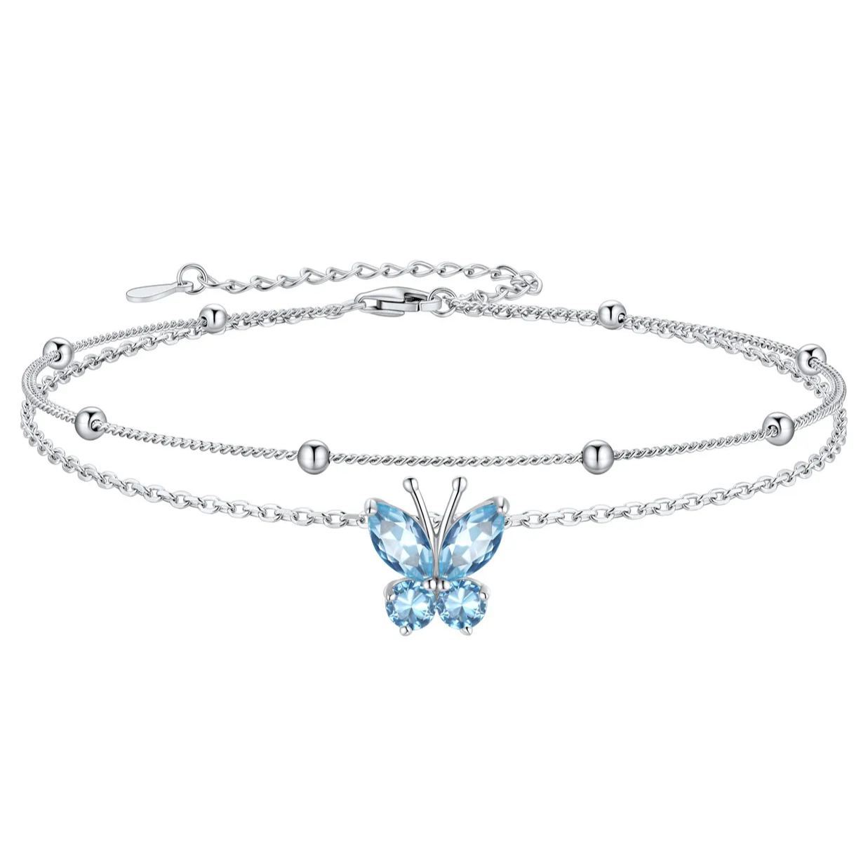 Bracelet de Cheville Papillon avec Pierre de Naissance en Argent 925