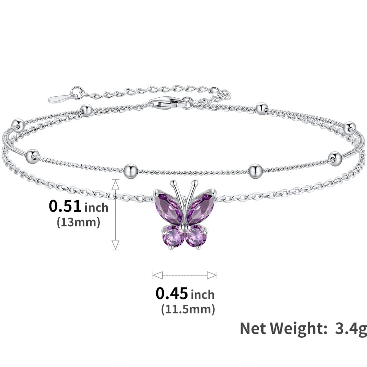 Bracelet de Cheville Papillon avec Pierre de Naissance en Argent 925 taille 