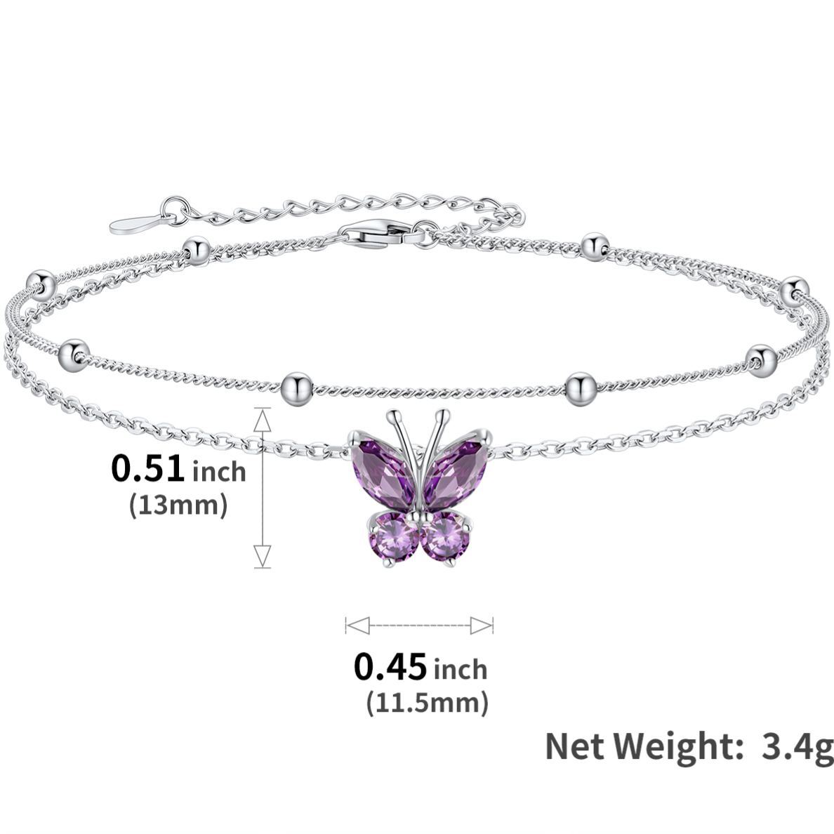 Bracelet de Cheville Papillon avec Pierre de Naissance en Argent 925 taille 