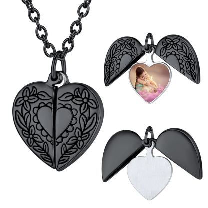 Collier Mémoire Médaillon Cœur Personnalisable Photo avec Fleur noir