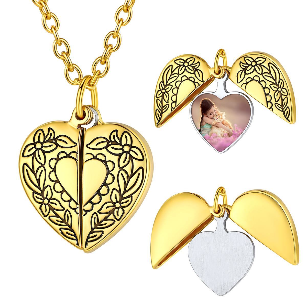 Collier Mémoire Médaillon Cœur Photo avec Fleur or