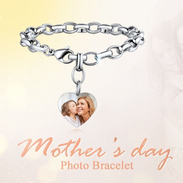 Bracelet Chaîne Personnalisé avec Charme Cœur Photo cadeau pour maman