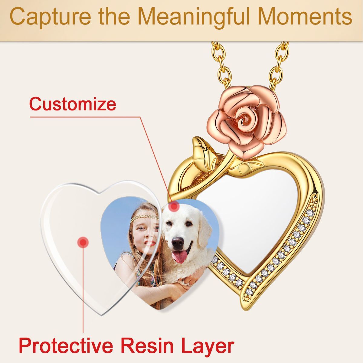 Collier Cœur Rose Gravée avec Photo memorial