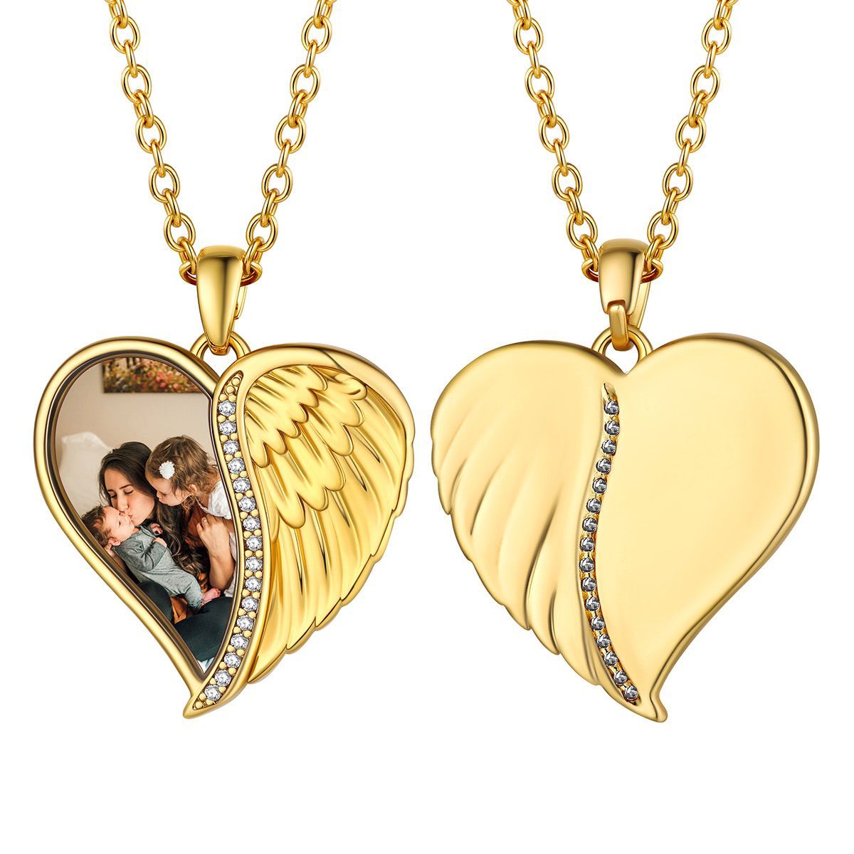 Collier Médaillon Cœur Photo Personnalisé avec Ailes d'Ange or