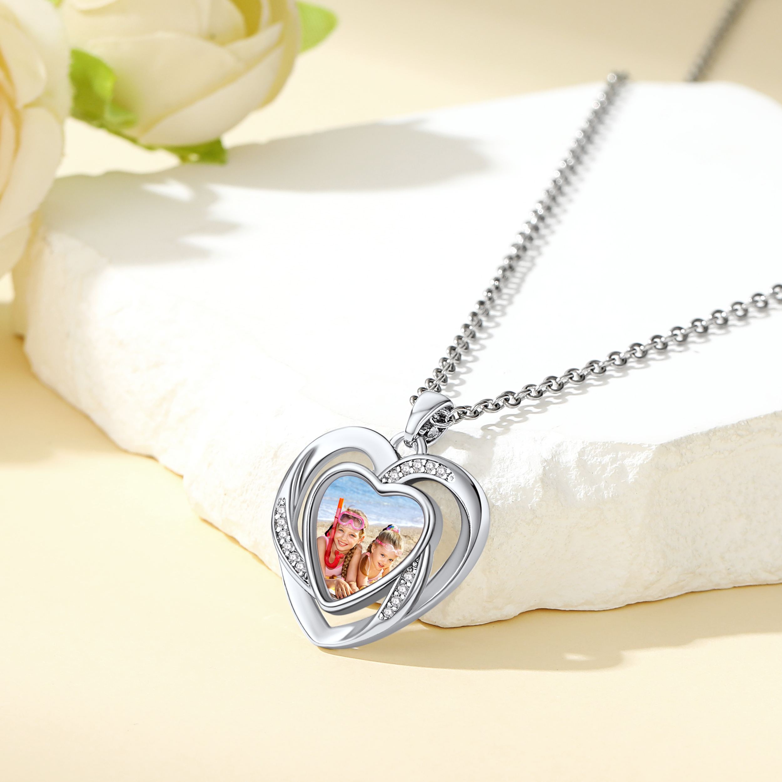 Collier Gravé Cœur Photo Personnalisé argenté