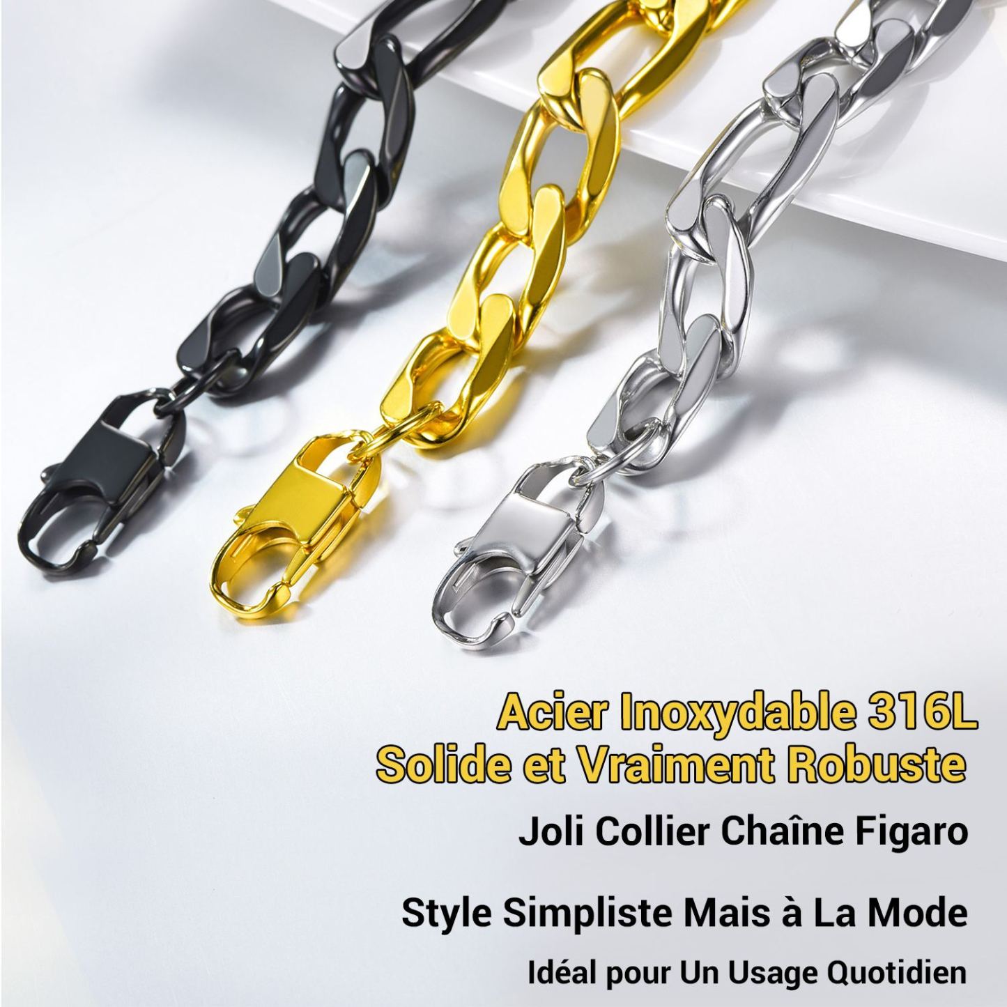 Chaîne Homme Maille Figaro Cubaine en Acier Inoxydable 3 Couleurs