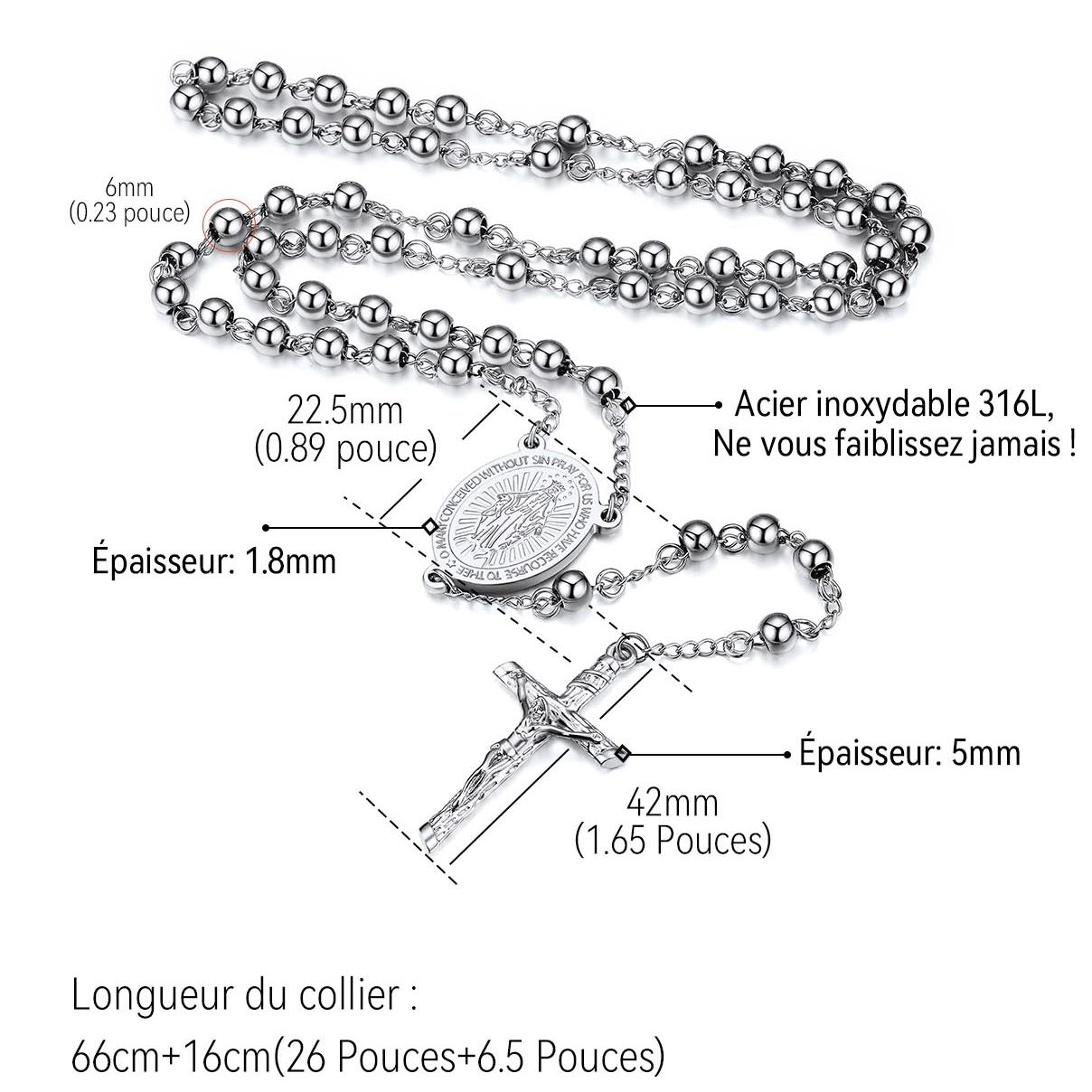 Collier Chapelet Catholique Vierge Marie avec Croix et Perles Taille 