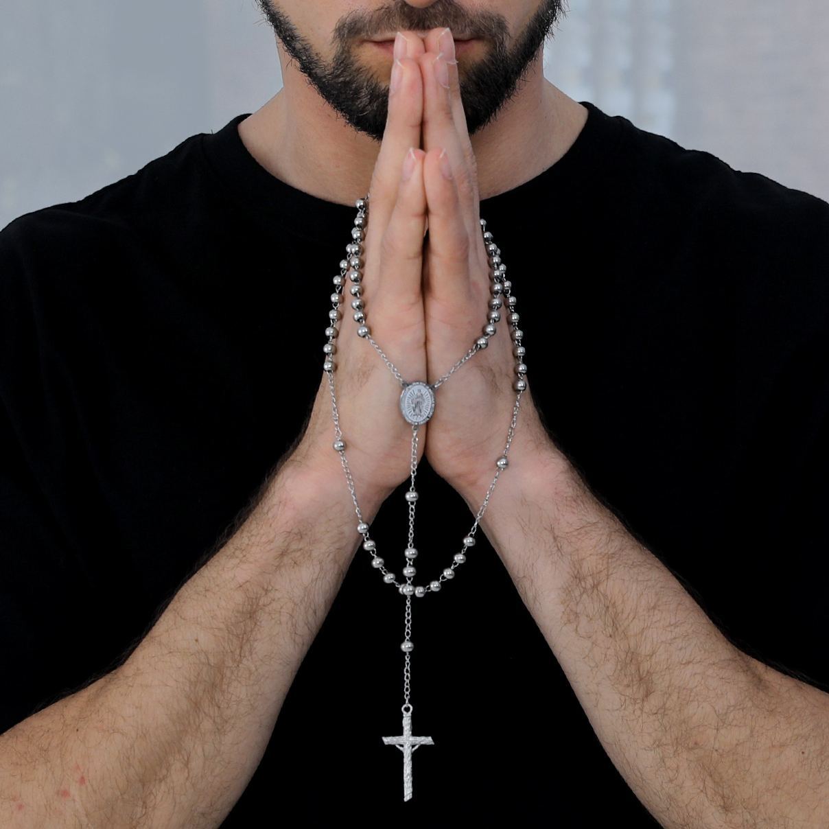 Collier Chapelet Catholique Vierge Marie avec Croix et Perles Homme