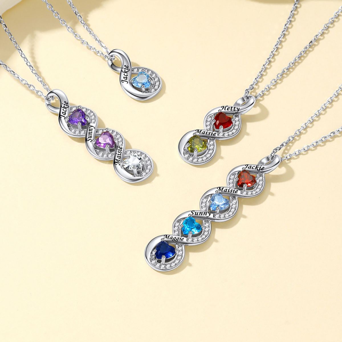 Collier Infini avec Prénom et Pierres de Naissance Cœur pour Maman collection