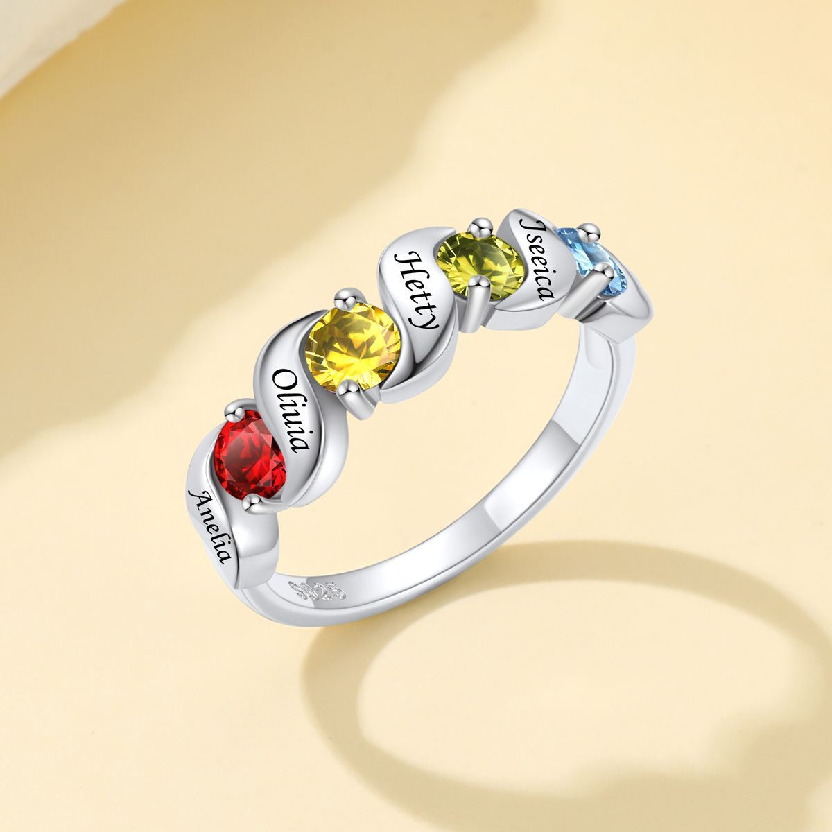 Bague Gravée avec Pierres de Naissance et Prénoms en Argent 925 pour Maman