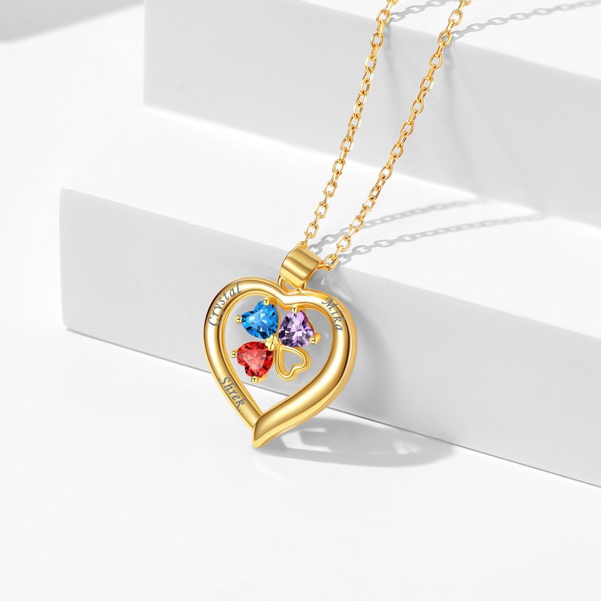 Collier or Cœur avec Trèfle à Quatre Feuilles et Pierres