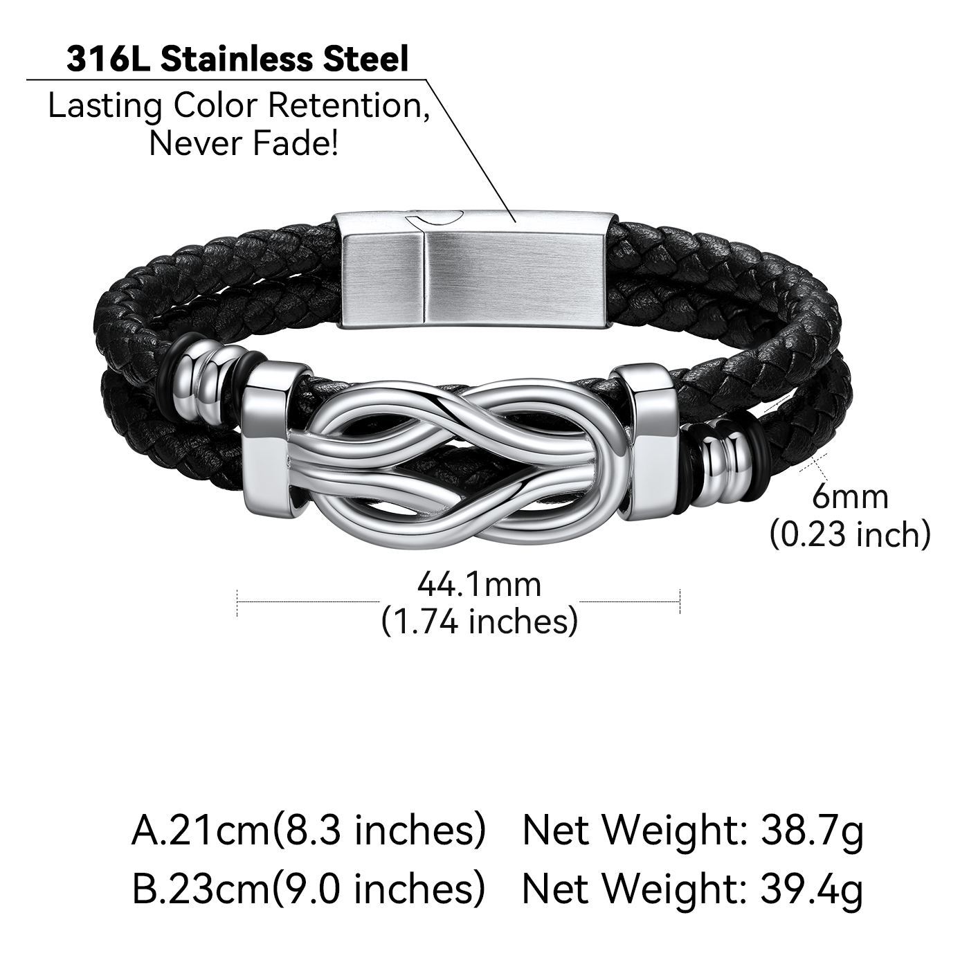 Bracelet Homme Cuir avec Noeud Infini taille 