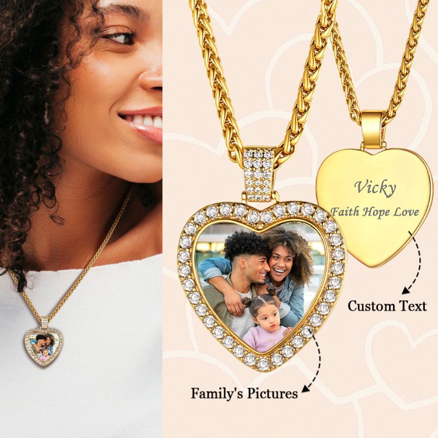 Collier Personnalisé avec Photo Cœur Pendentif Étincelant pour Homme