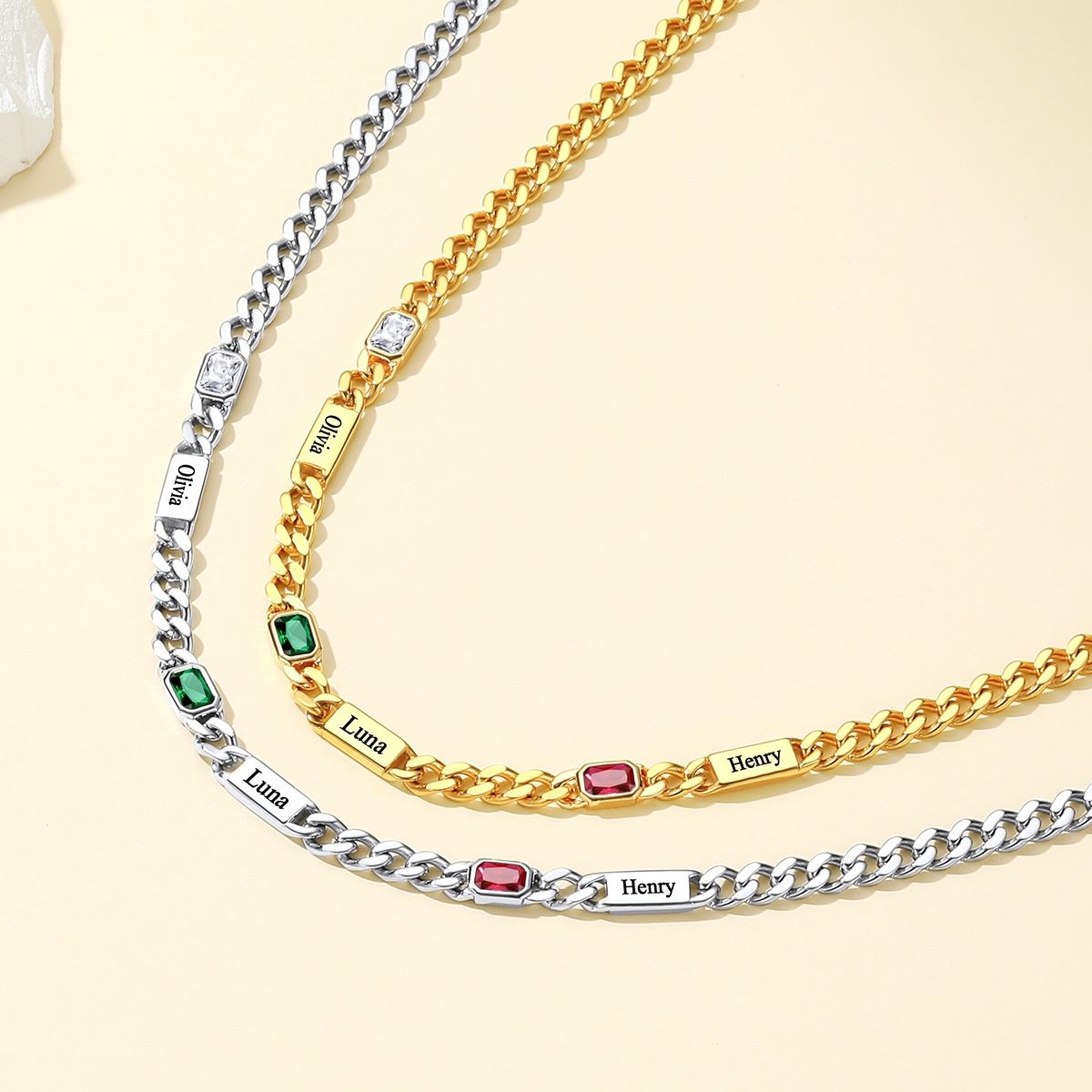 Collier Prénoms Personnalisée avec Pierre de naissance 5MM 2 couleurs