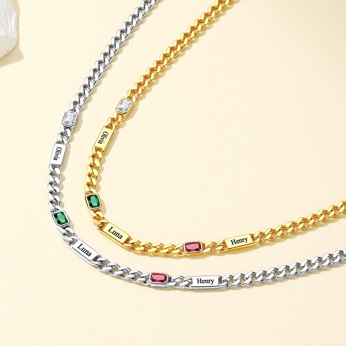 Collier Prénoms Personnalisée avec Pierre de naissance 5MM 2 couleurs