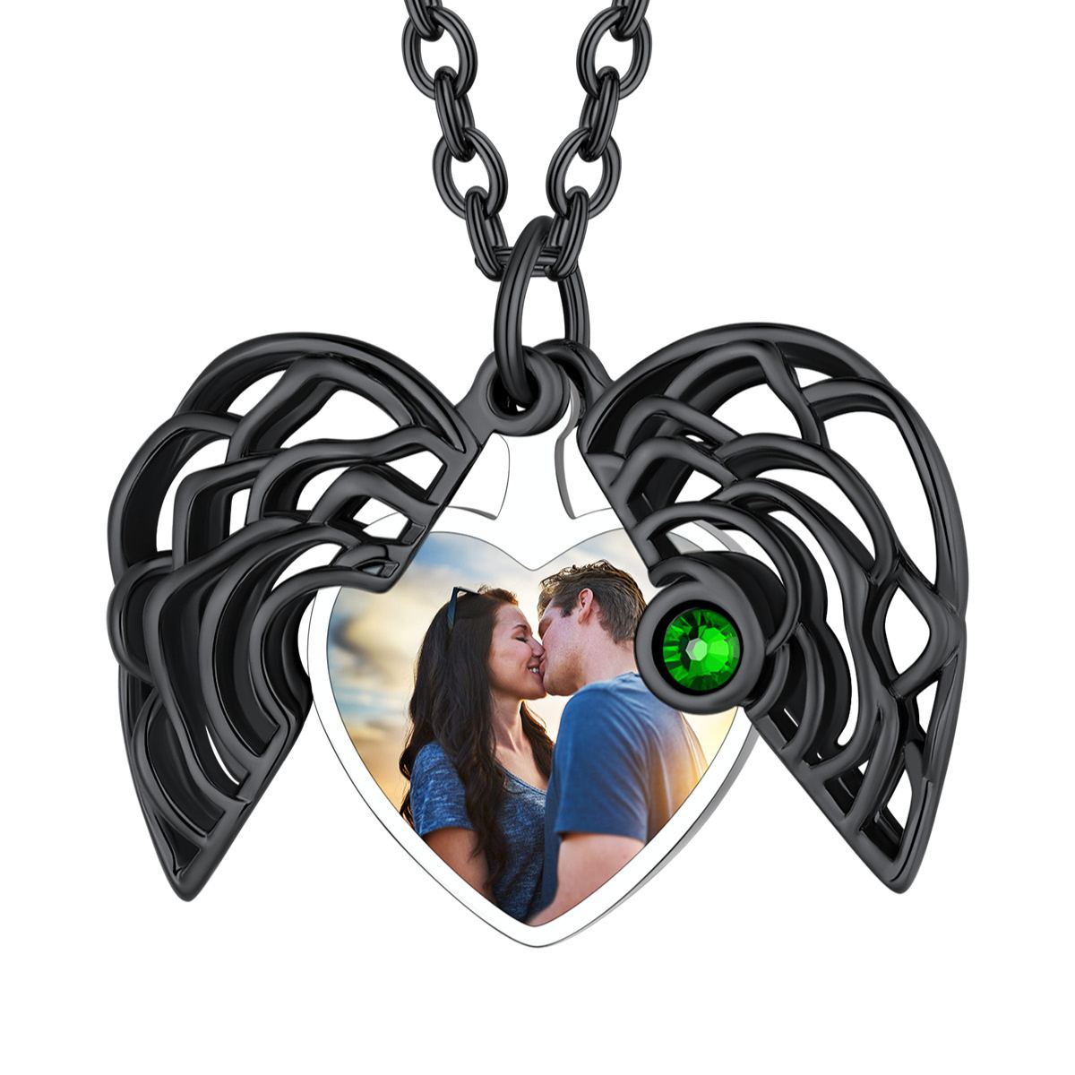 Collier noir Médaillon Cœur Photo Personnalisé avec Pierre de Naissance