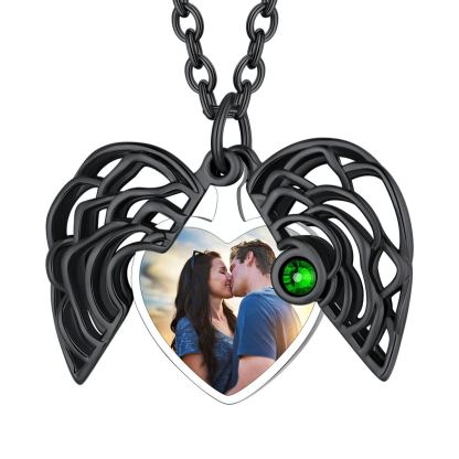 Collier noir Médaillon Cœur Photo Personnalisé avec Pierre de Naissance