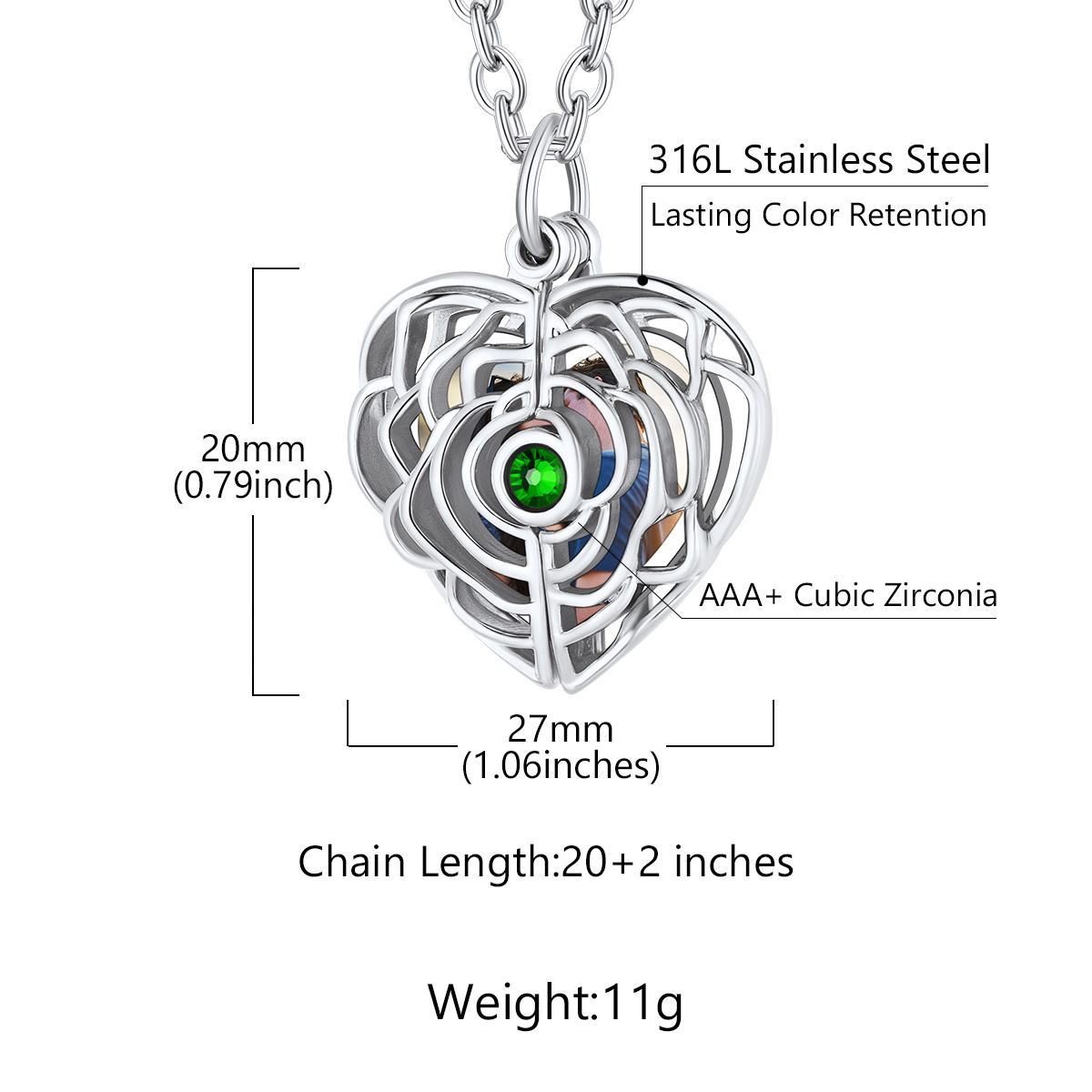 Collier Médaillon Cœur Photo Personnalisé avec Pierre de Naissance taille