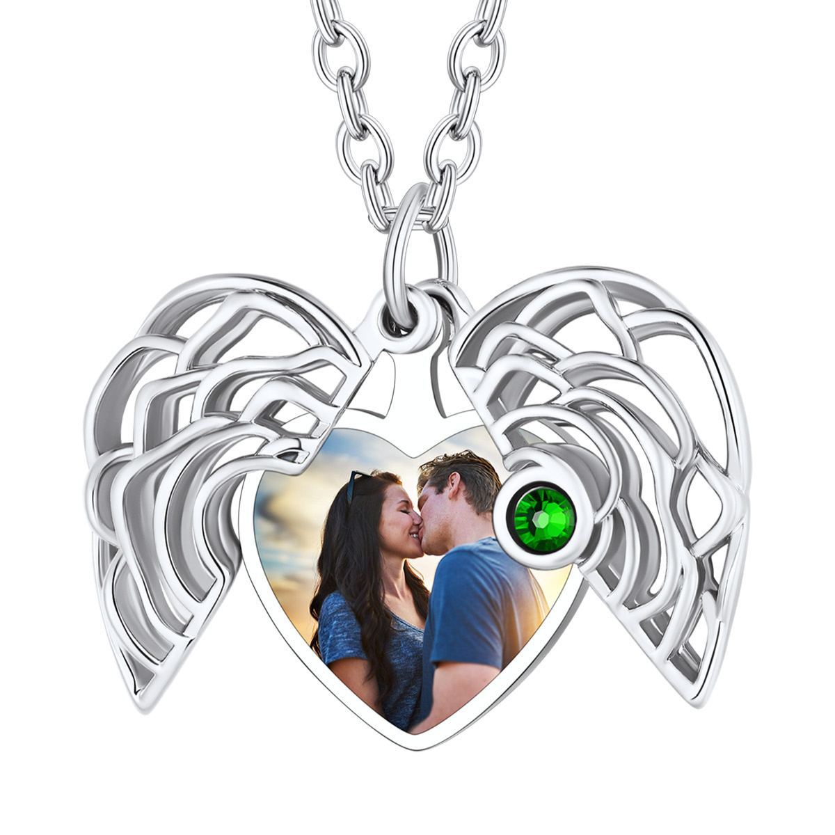 Collier Argenté Médaillon Cœur Photo Personnalisé avec Pierre de Naissance