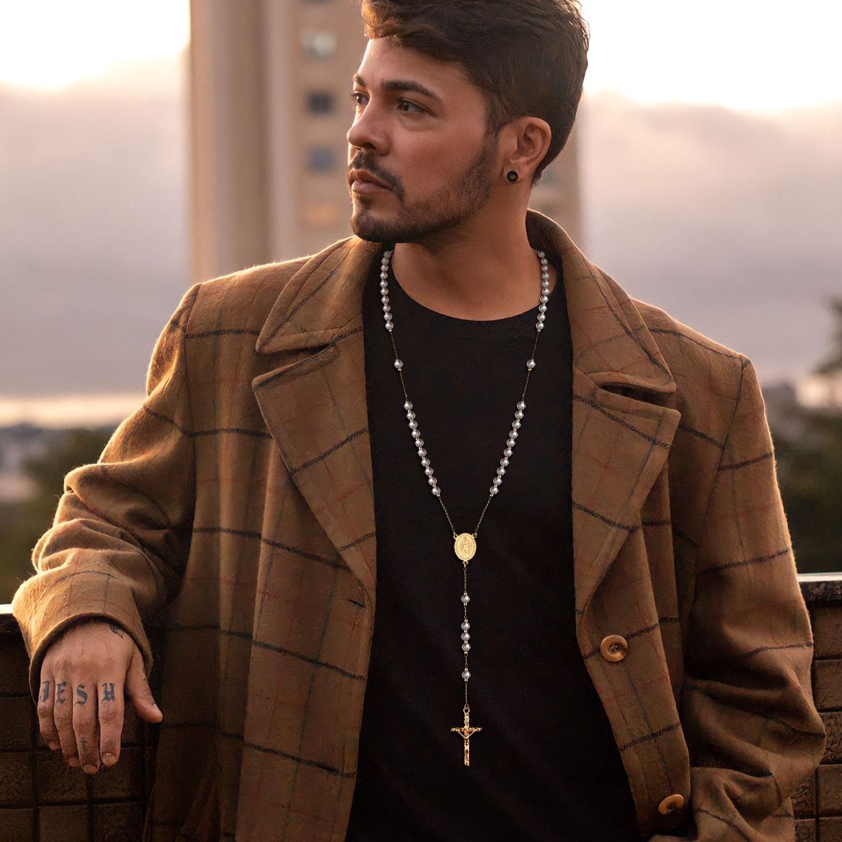 Collier Chapelet Catholique Vierge Marie avec Croix et Perles pour Homme 