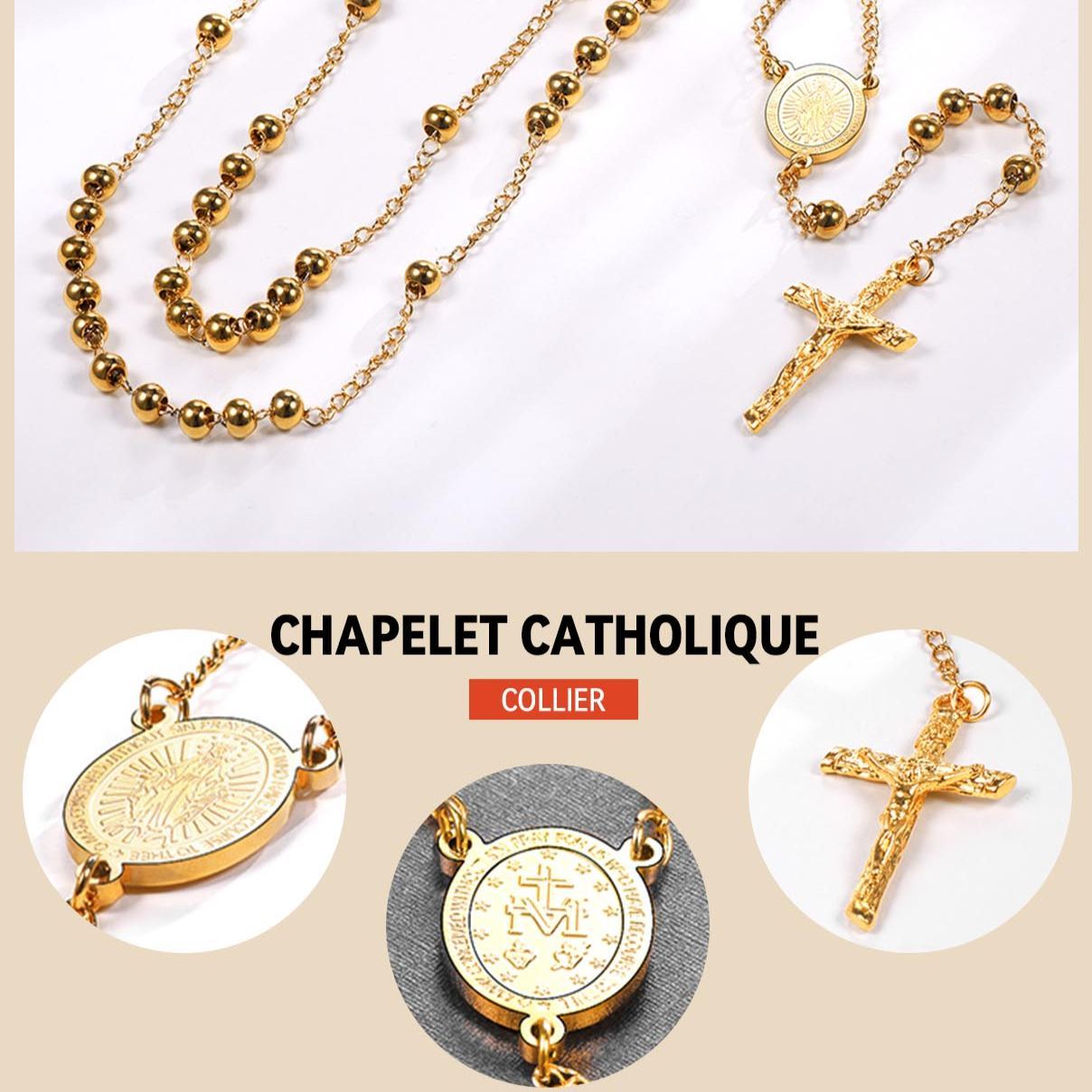 Collier Chapelet Catholique Vierge Marie avec Croix et Perles  en acier inoxydable