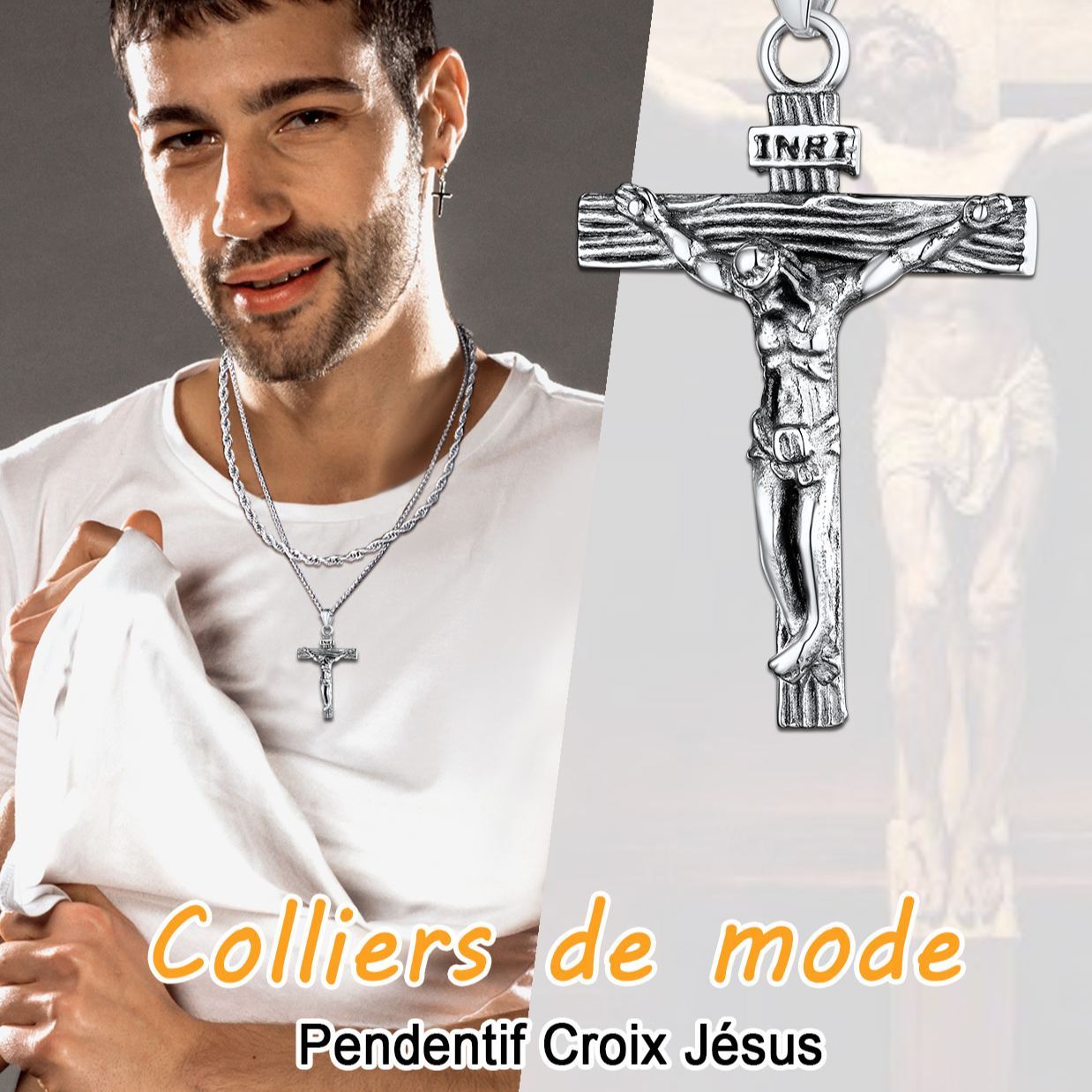 Collier Croix Catholique pour Homme - Pendentif Croix en Acier Inoxydable
