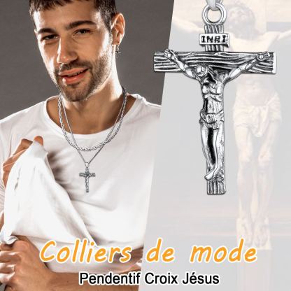 Collier Croix Catholique pour Homme - Pendentif Croix en Acier Inoxydable