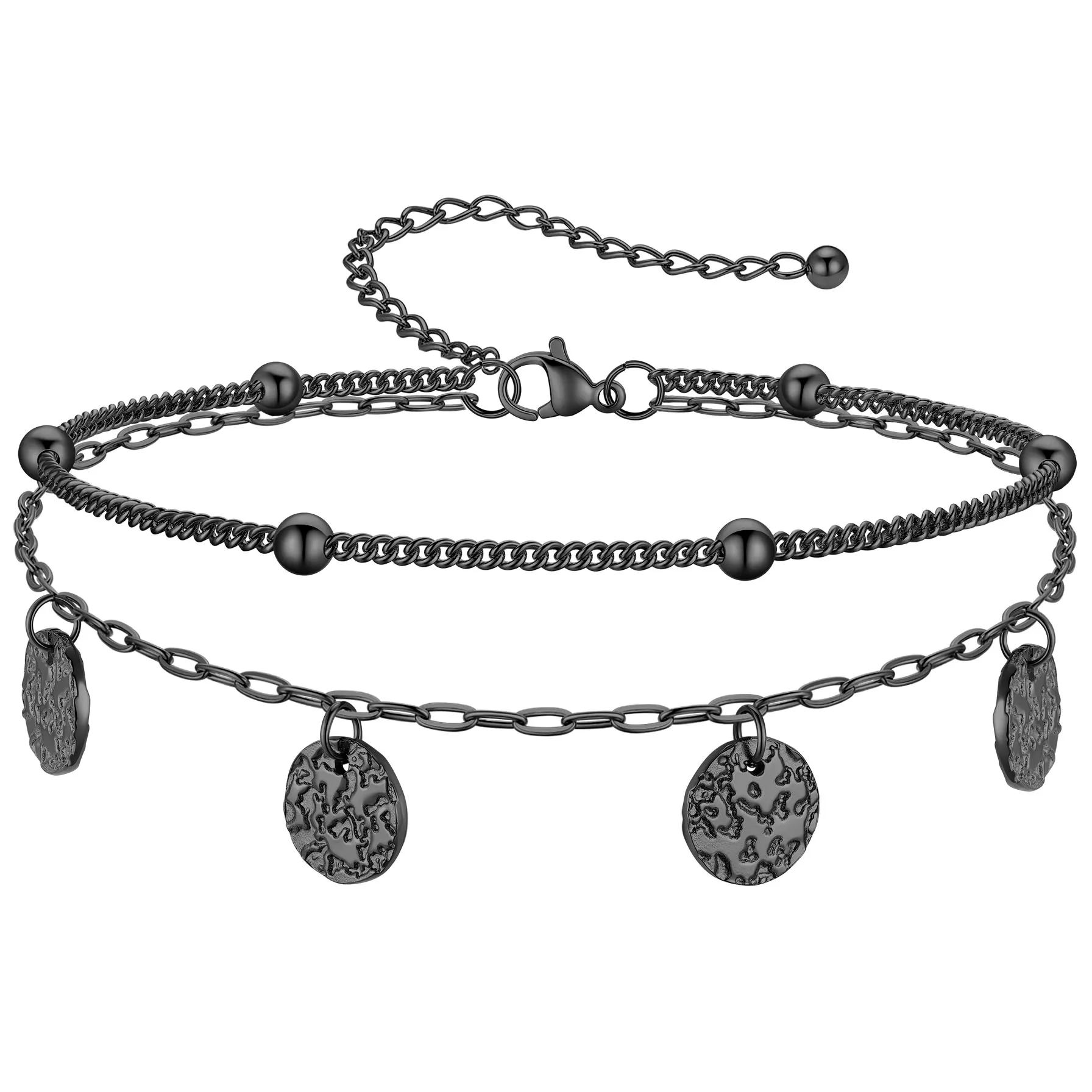 Bracelet de Cheville Noir Double Chaîne à Charms Disques Texturés