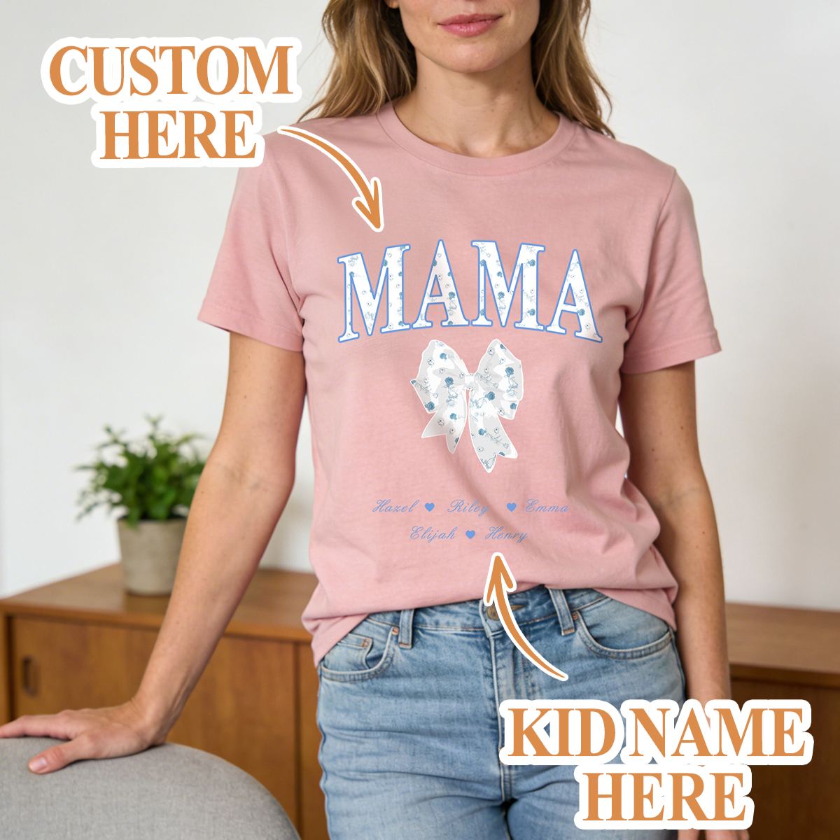 T-shirt à Nœud Personnalisé avec Prénoms enfants pour Maman