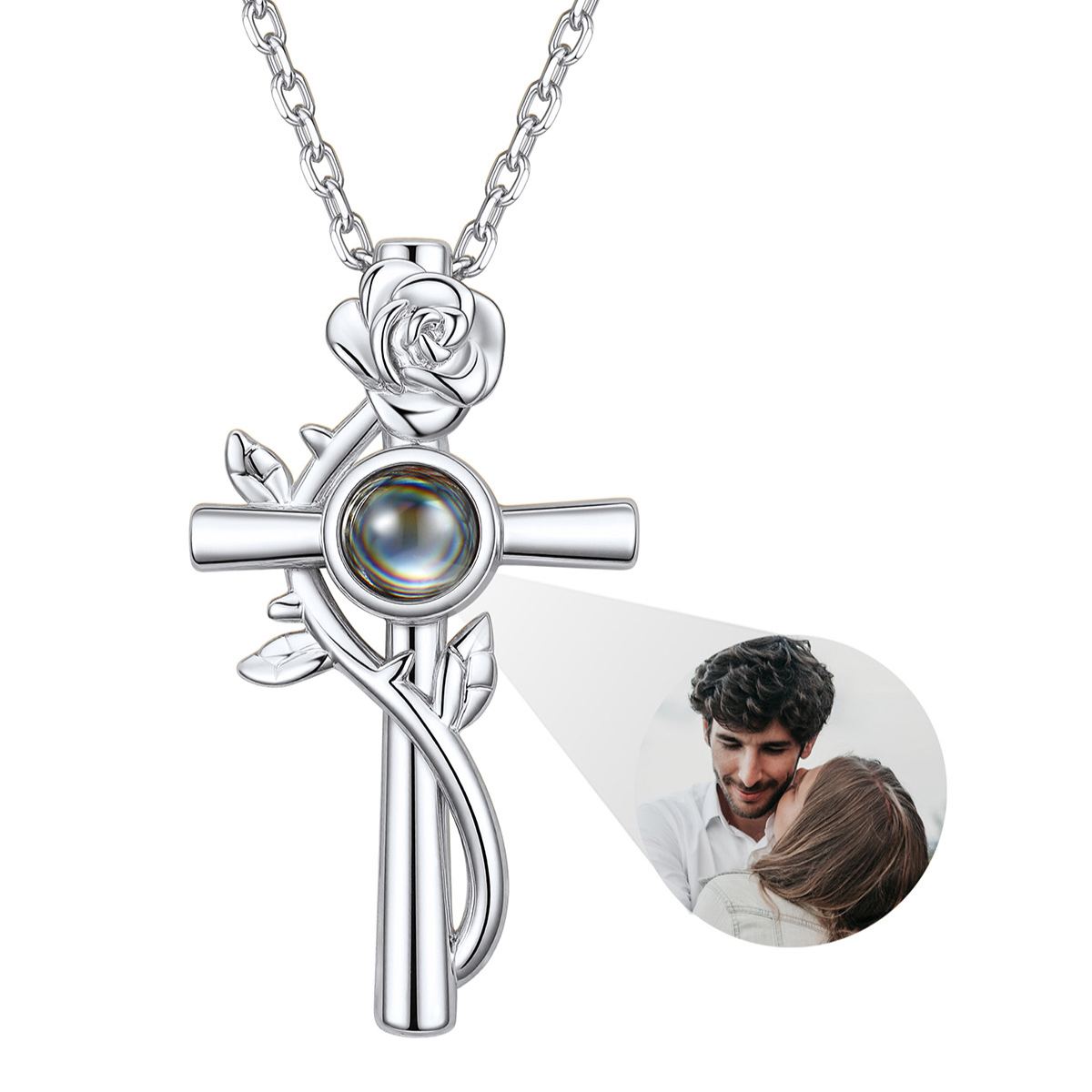 Collier Croix Rose Photo Projetée - Cadeau Personnalisé Argenté