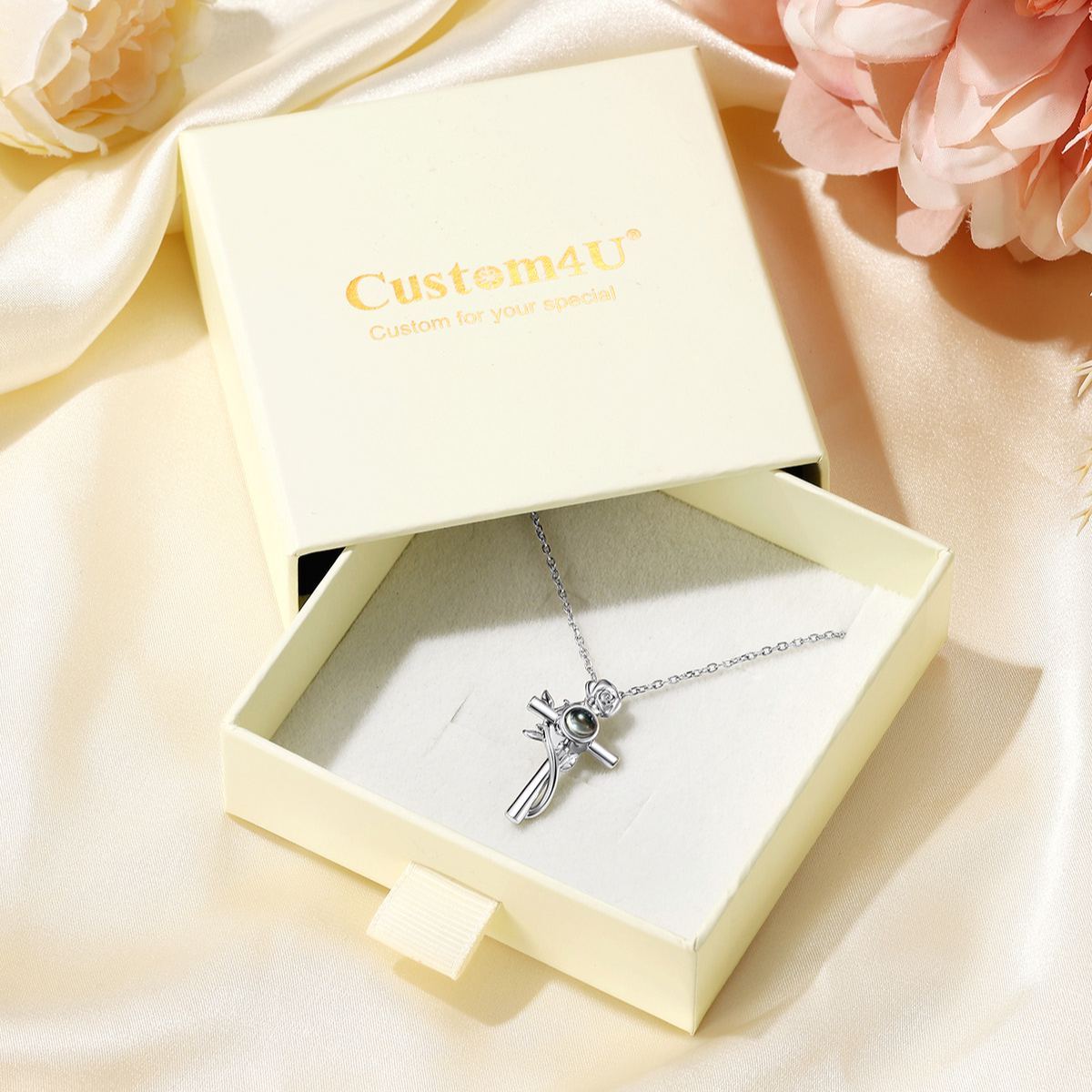 Collier Croix Rose Photo Projetée - Cadeau Personnalisé avec Boite Cadeau