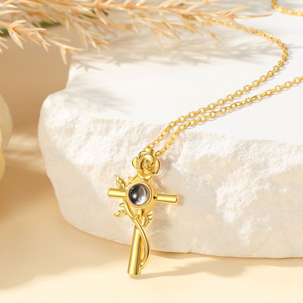 Collier Or Croix Rose Photo Projetée - Cadeau Personnalisé