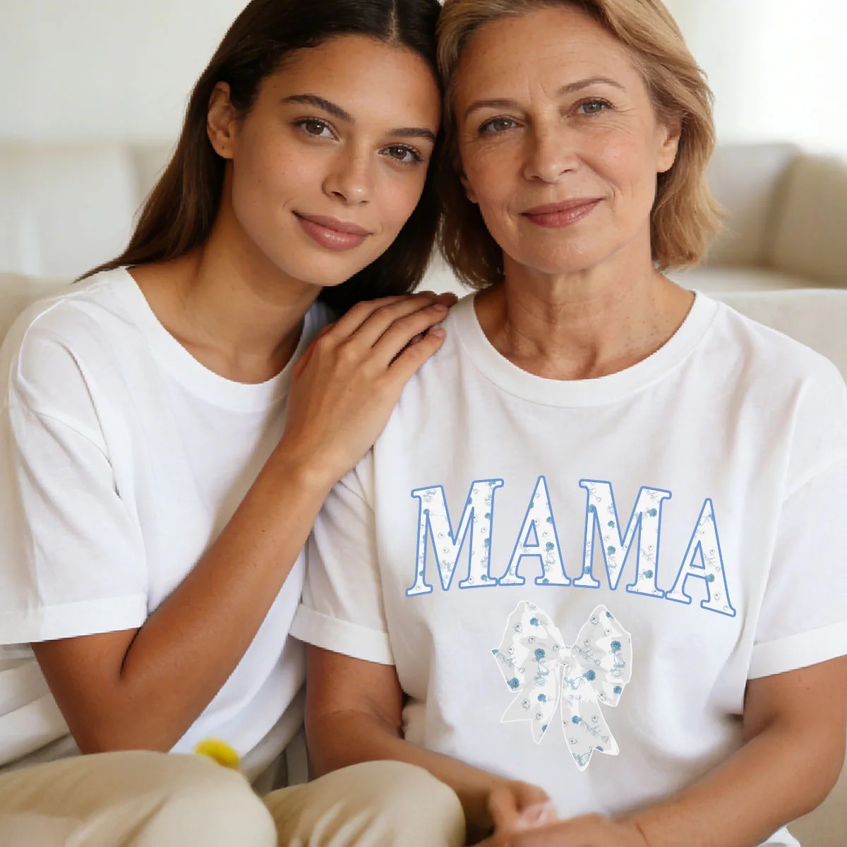 T-shirt à Nœud Personnalisé avec Prénoms pour Maman Cadeau Fete des Meres