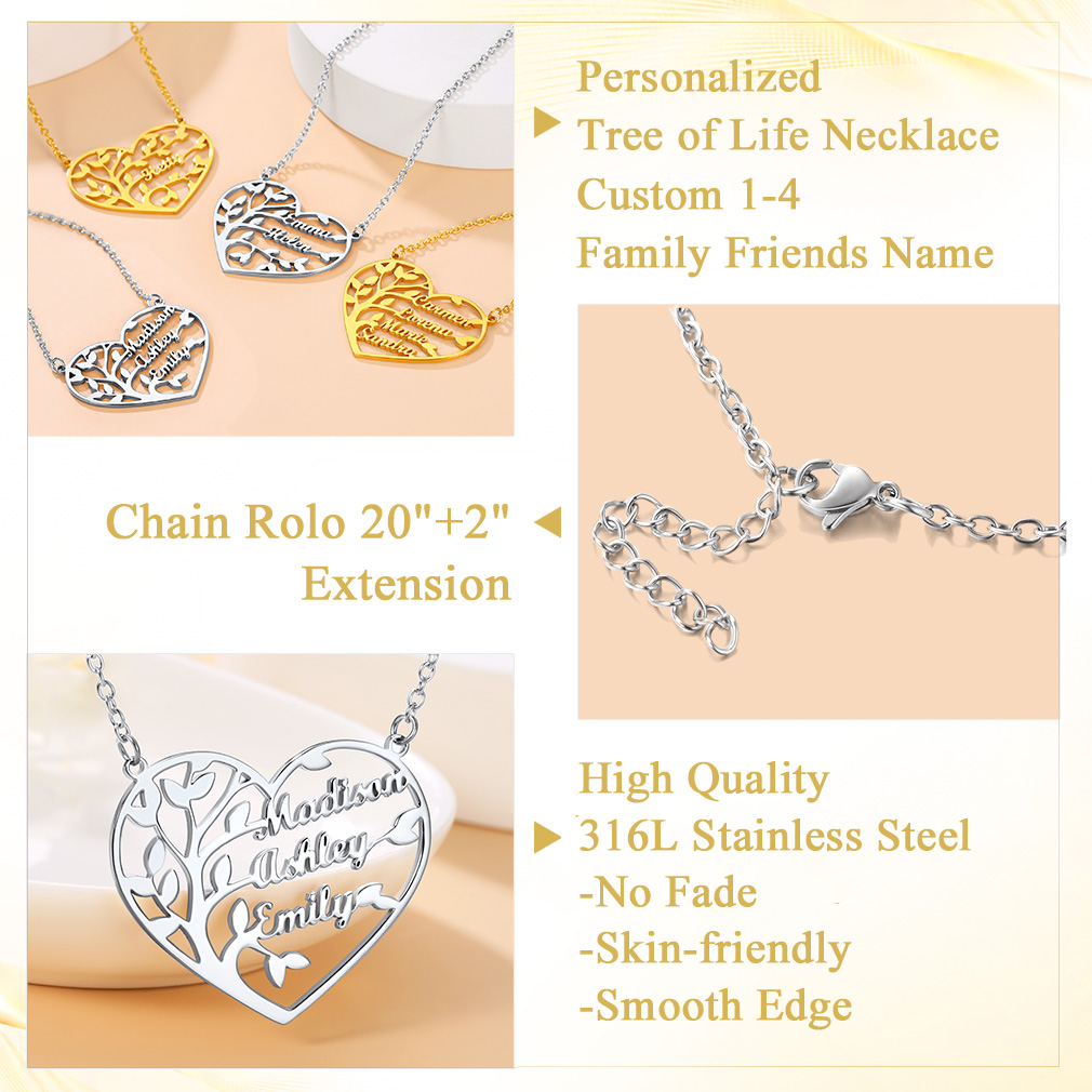 pendentif Arbre de Vie en Coeur Personnalisé avec Prénoms 