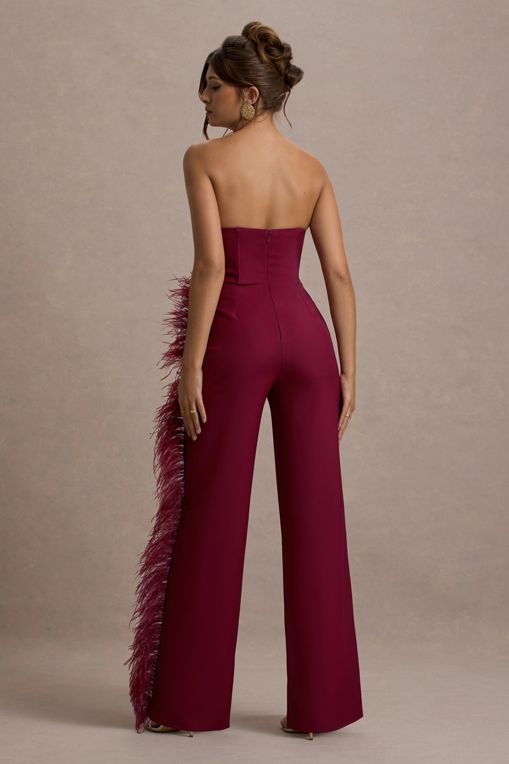 Topic Of Talk | Burgundy Strapless Bandeau Wide-Leg Jumpsuit With Feather Trim