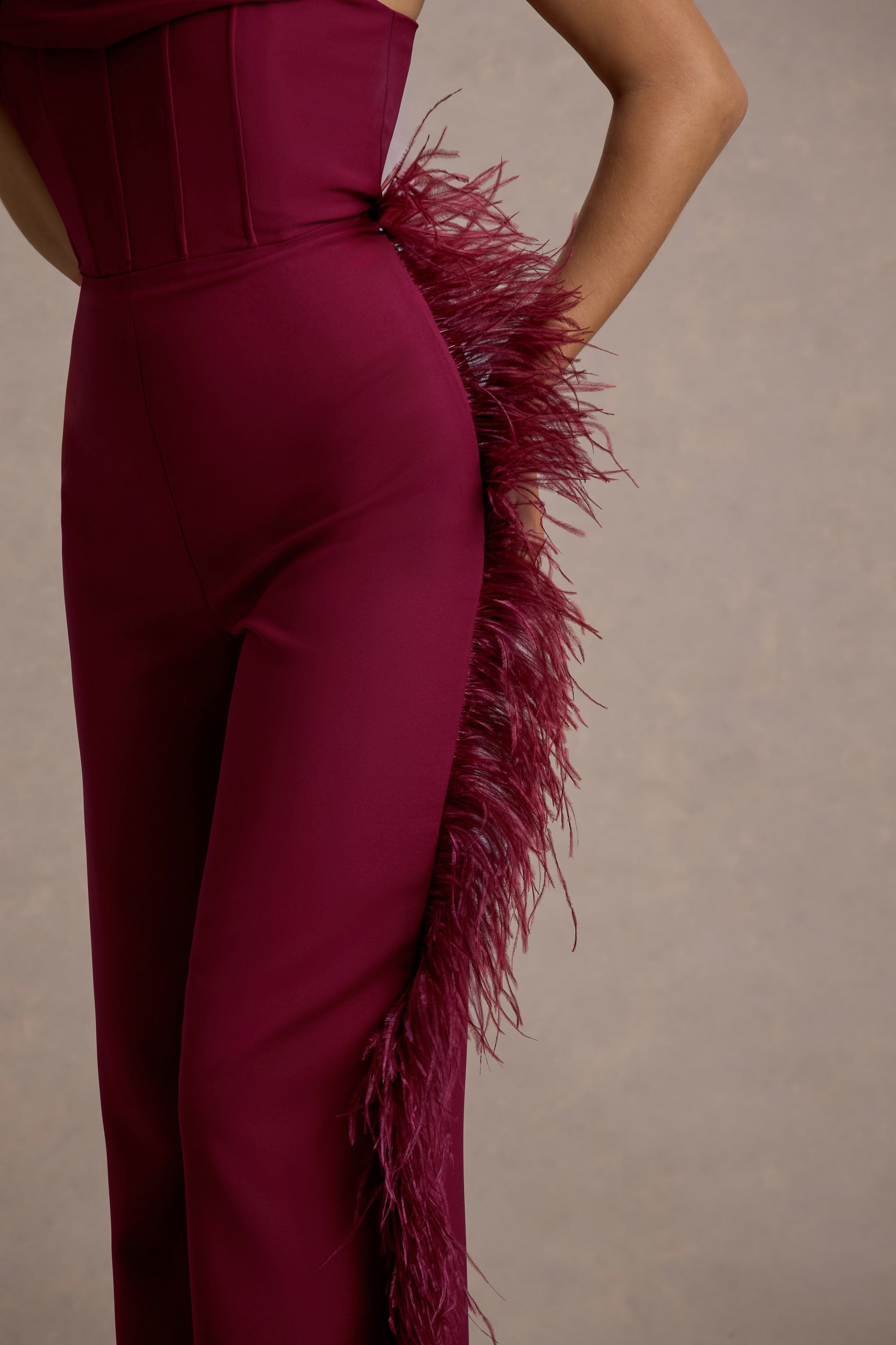 Topic Of Talk | Burgundy Strapless Bandeau Wide-Leg Jumpsuit With Feather Trim