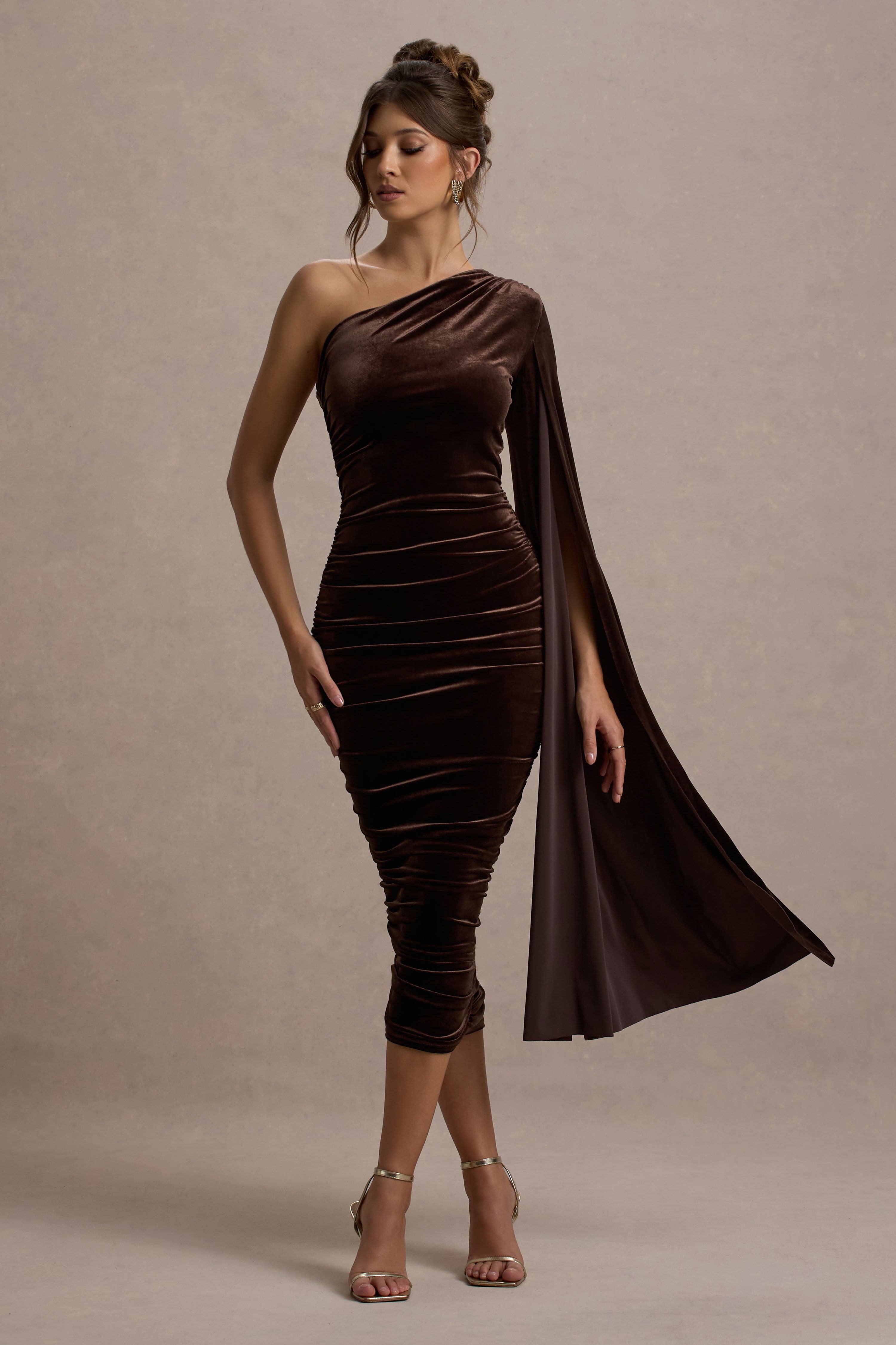 Gianna | Chocolate Velvet One Shoulder Cape Bodycon Midi Dress