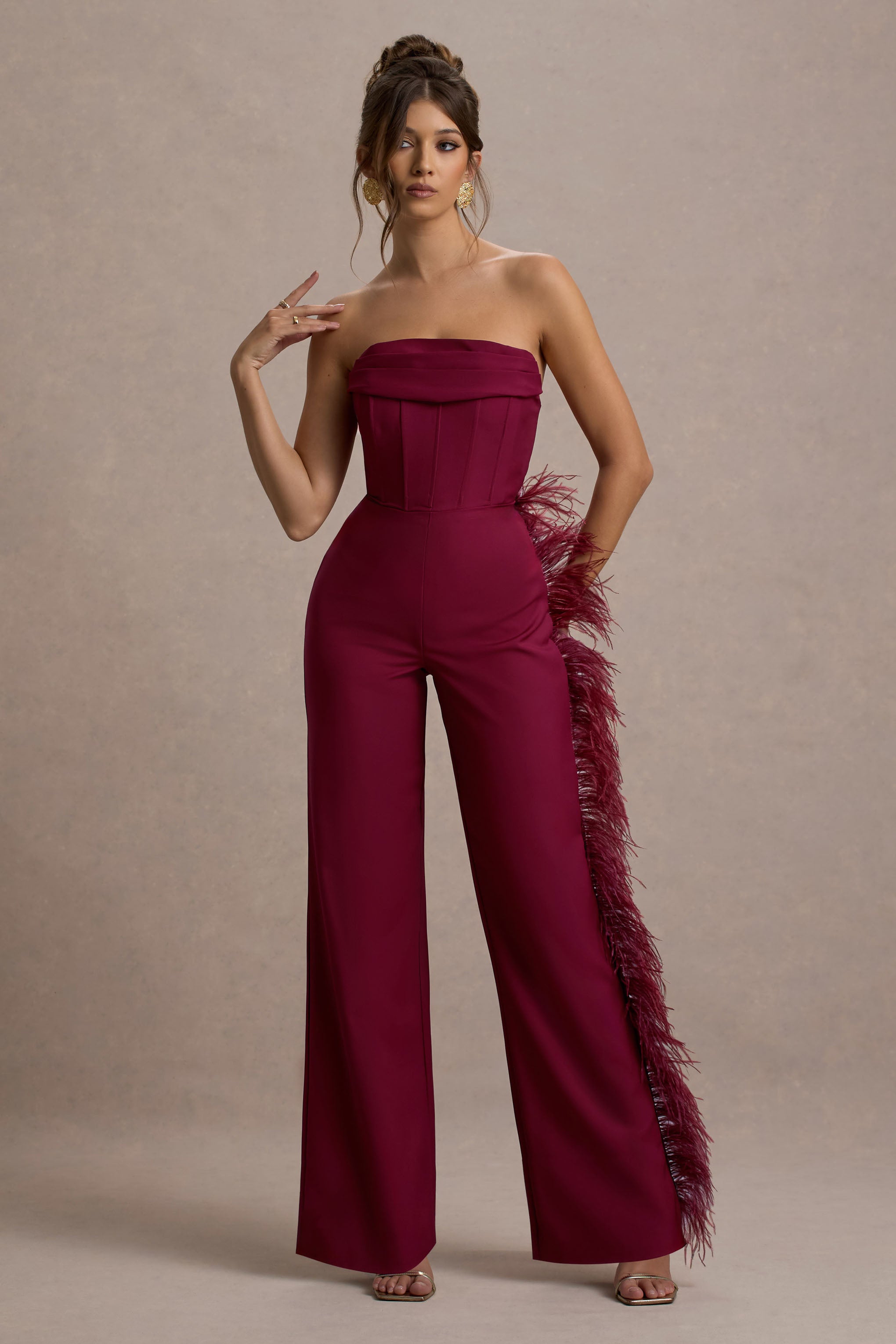 Topic Of Talk | Burgundy Strapless Bandeau Wide-Leg Jumpsuit With Feather Trim