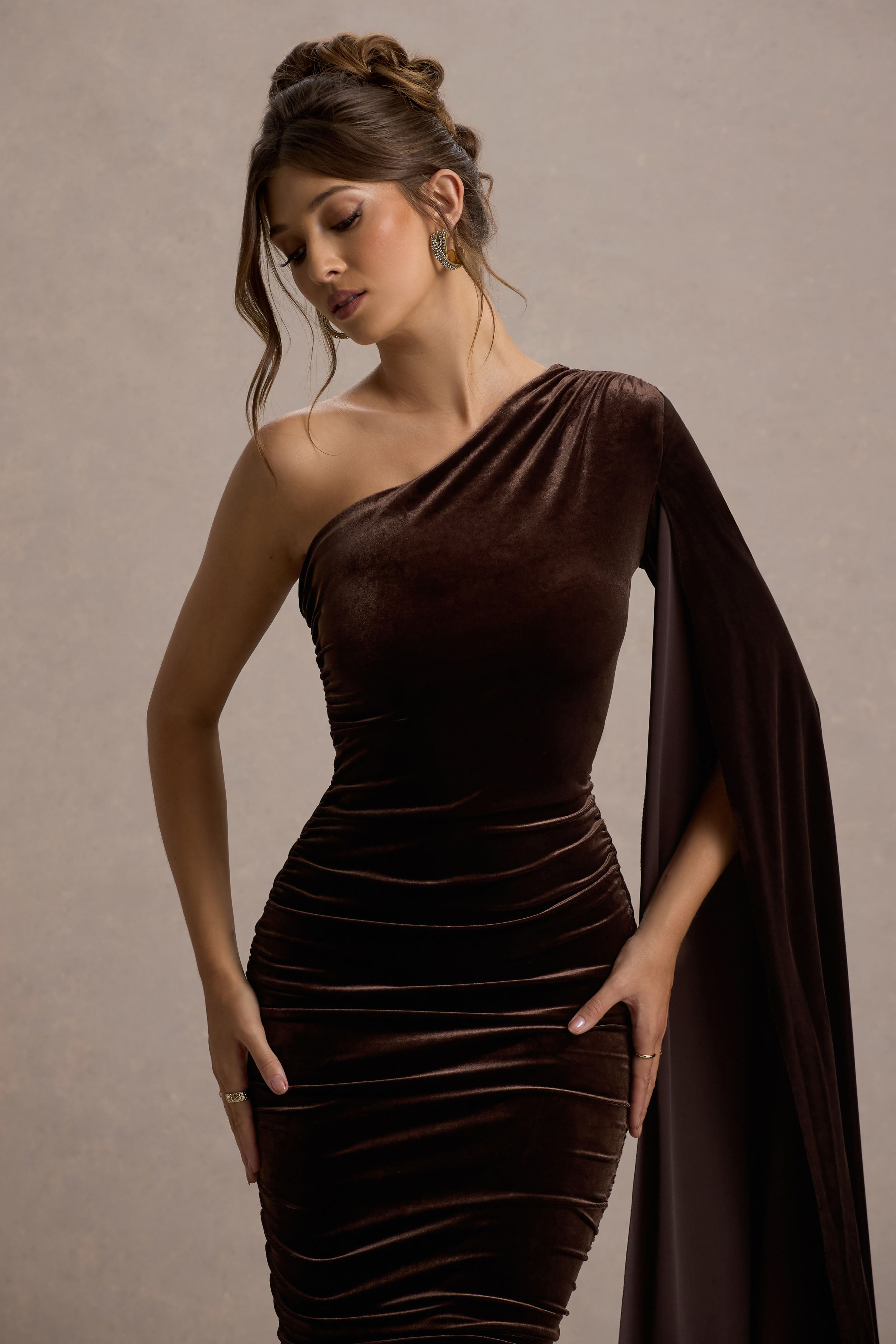 Gianna | Chocolate Velvet One Shoulder Cape Bodycon Midi Dress