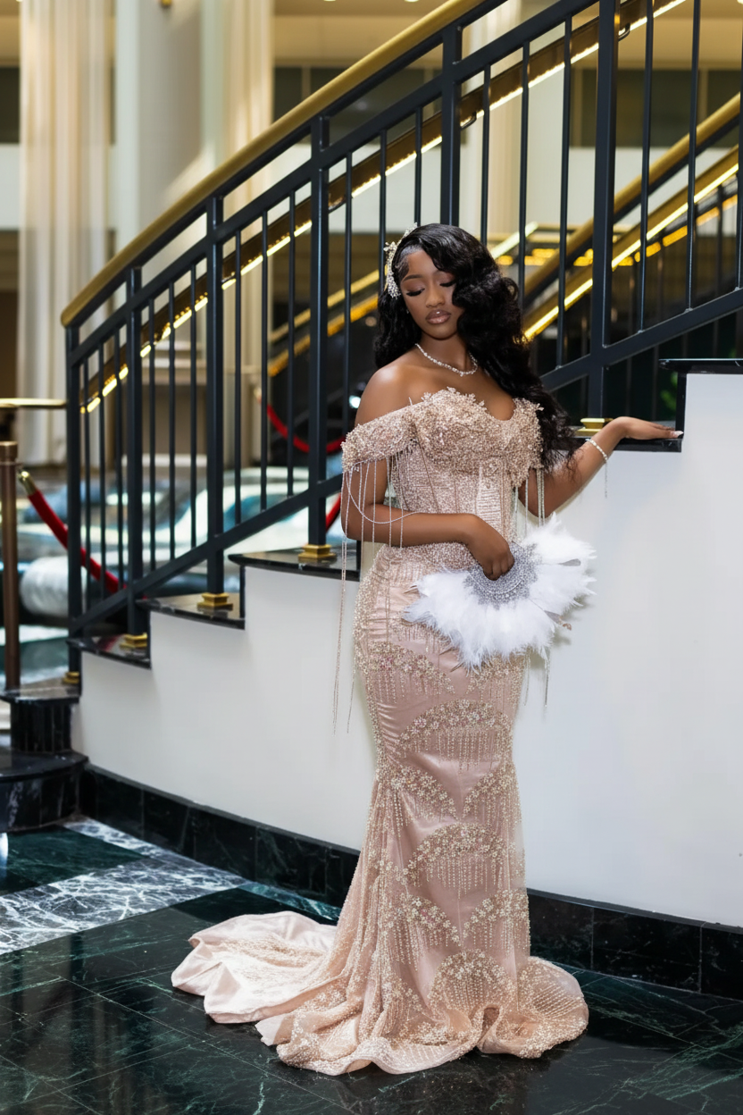 Luxury Glacial Silver Beaded Prom Dress – Crystal Fringe Mermaid Gown with Feather Accents | 2026 Couture Evening Collection