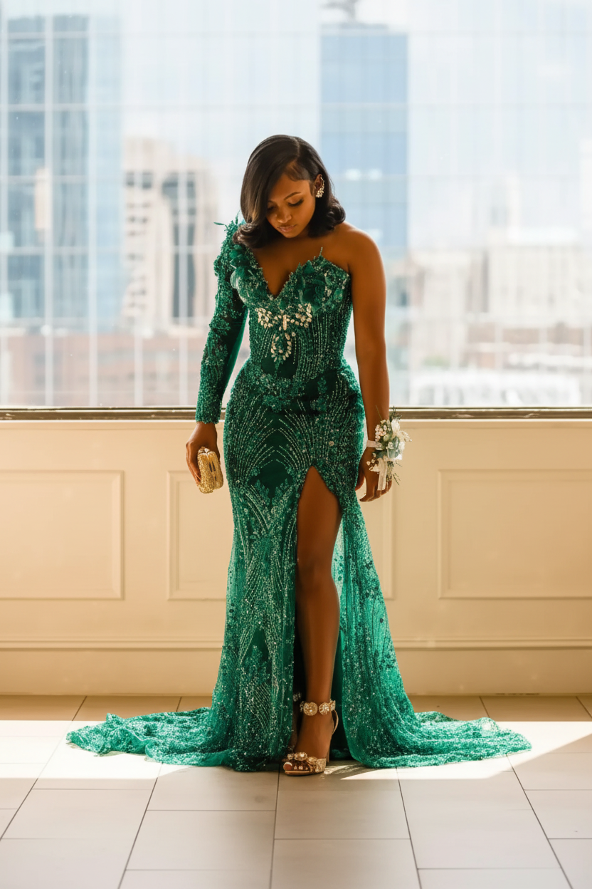 Luxury One-Shoulder Gold Mermaid Prom Dress – 3D Floral Illusion Bodice with Crystal Beading & High Slit | 2026 Couture Evening Collection