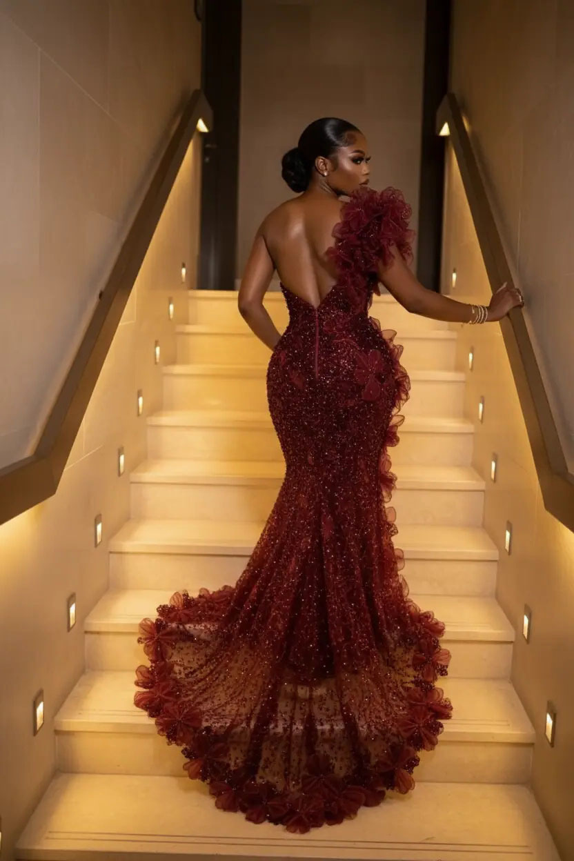 The Bordeaux Bloom - 2026 One-Shoulder Sequin Mermaid Gown: 3D Floral Appliqués & Crushed Garnet Beadwork