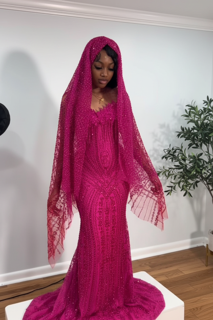 The Ruby Heiress - 2026 Hand-Beaded Crimson Mermaid Gown with Matching Crystal-Encrusted Hooded Veil