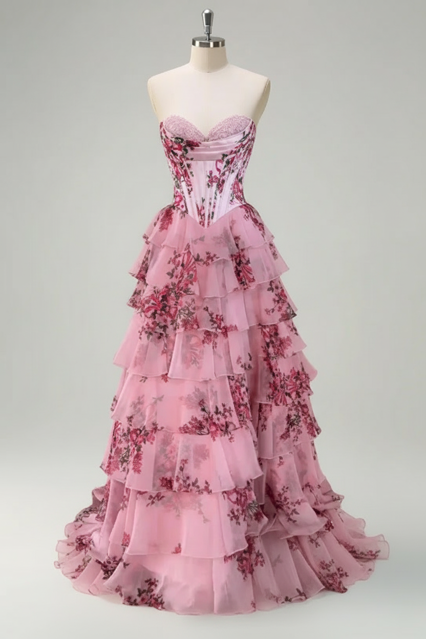 Hot Pink Strapless Silk Chiffon Corset Floral Prom Dress