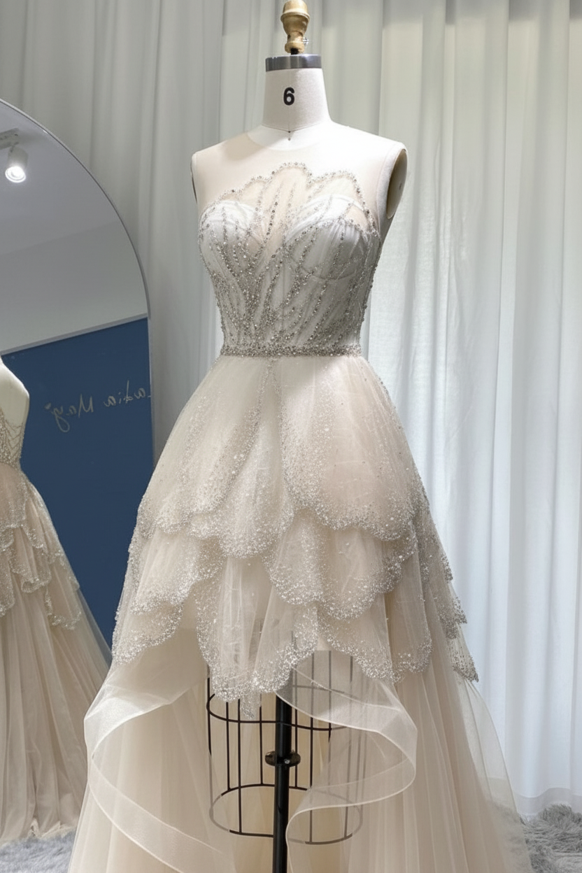 Bmbridal A-Line Hi-Lo Sleeveless Strapless Elegant Tulle Prom Dresses with Lace