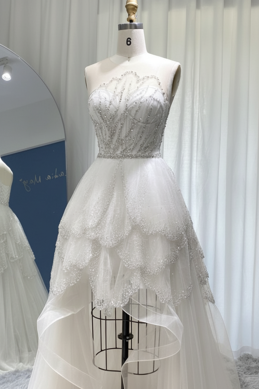 Bmbridal A-Line Hi-Lo Sleeveless Strapless Elegant Tulle Prom Dresses with Lace