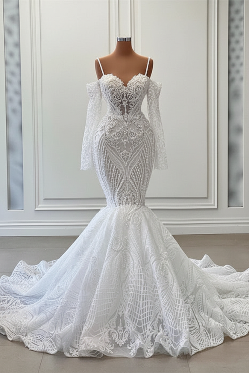 Charming Sleeveless Spaghetti Straps Mermaid Wedding Dress with Ruffles