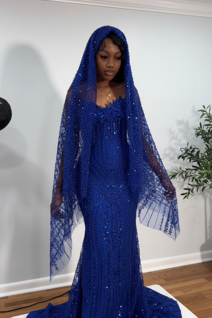 The Ruby Heiress - 2026 Hand-Beaded Crimson Mermaid Gown with Matching Crystal-Encrusted Hooded Veil